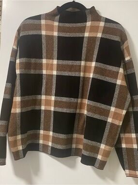 Nicole Miller Plaid Cowl Neck Sweater in Black, Brown & Cream